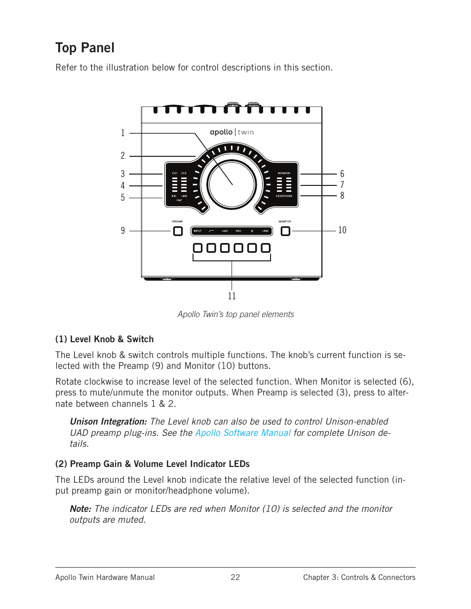 Top panel, Top panel illustration, For control names and numbers mentioned below | Universal Audio Apollo Twin User Manual | Page 22 / 46