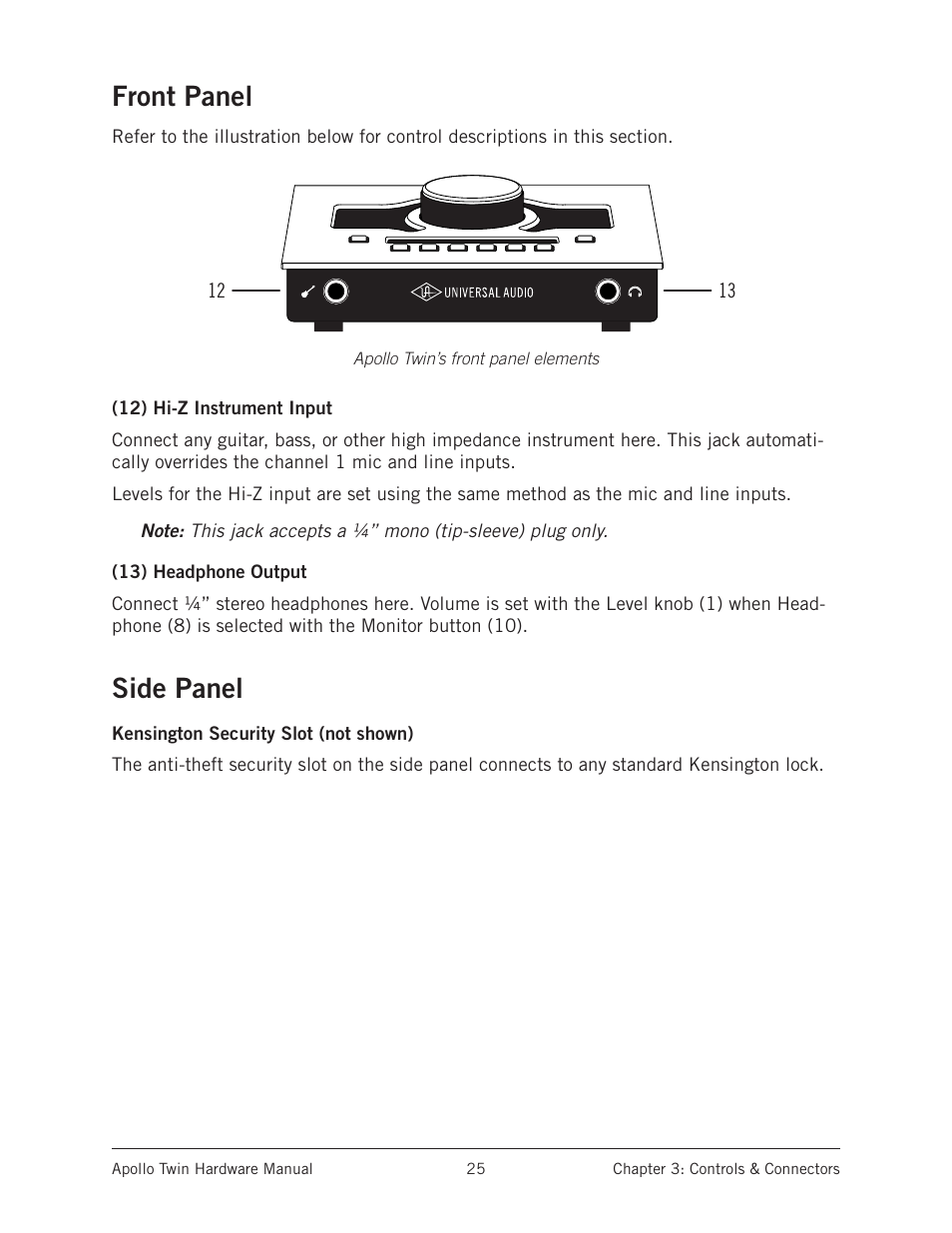 Front panel, Side panel, Front panel side panel | Universal Audio Apollo Twin User Manual | Page 25 / 46