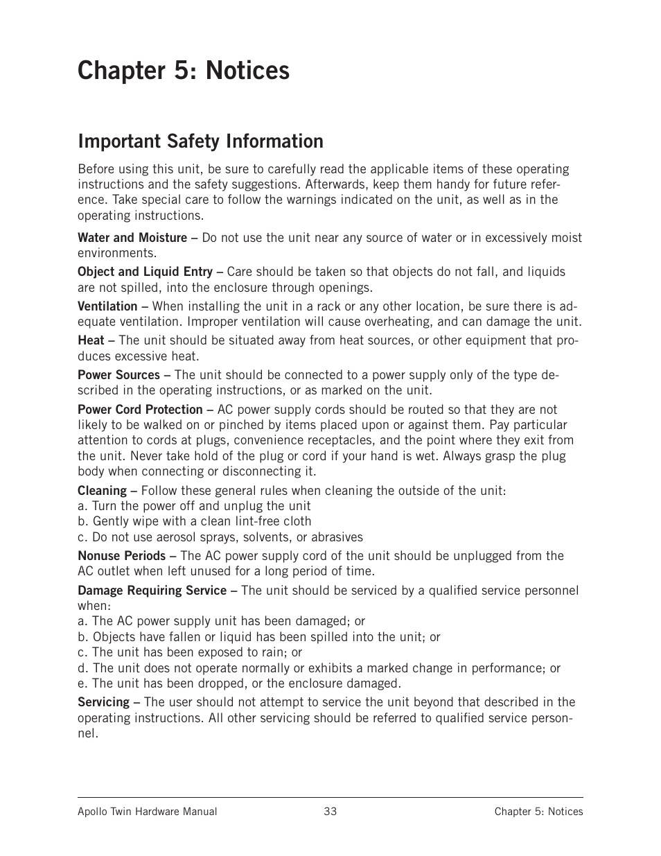 Chapter 5: notices, Important safety information | Universal Audio Apollo Twin User Manual | Page 33 / 46