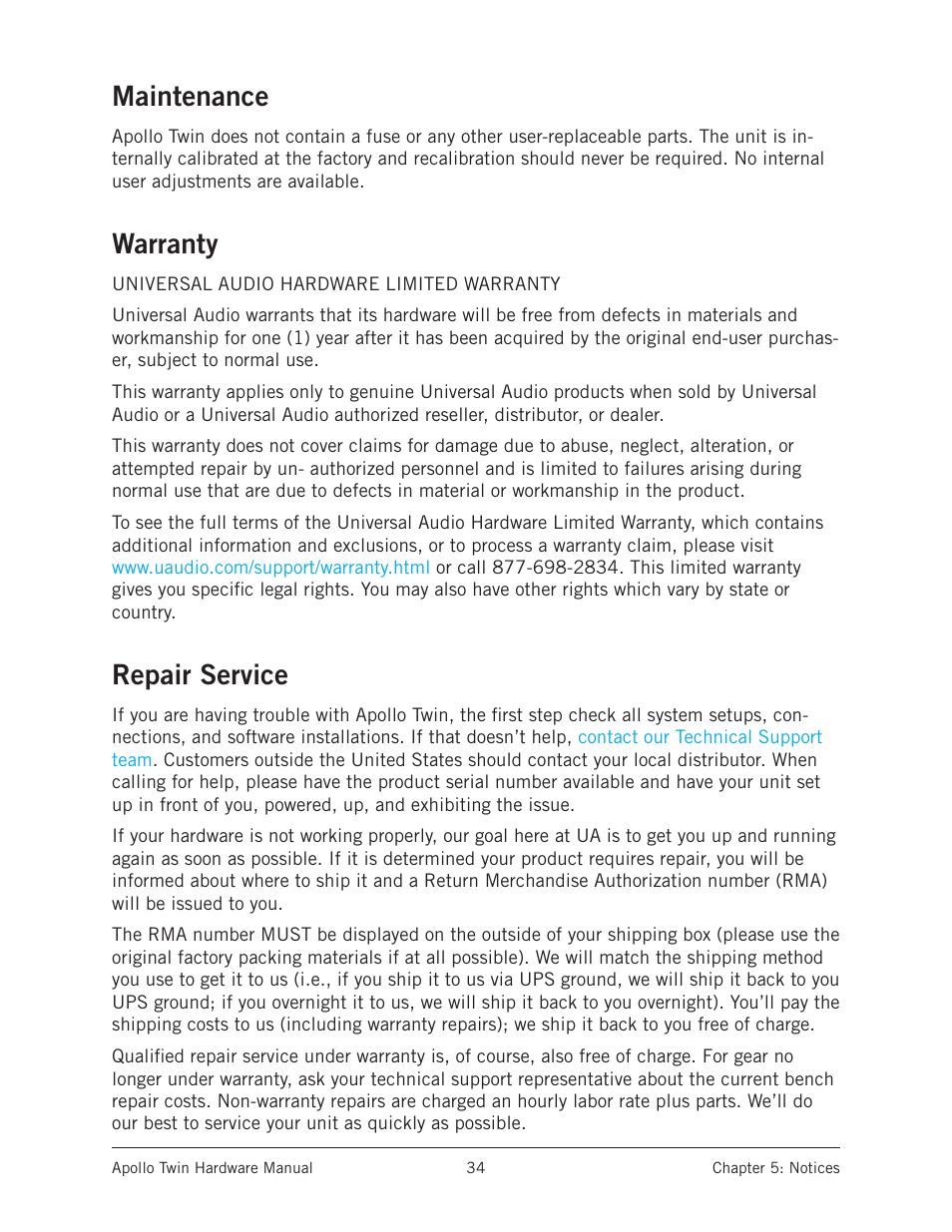 Maintenance, Warranty, Repair service | Maintenance warranty repair service | Universal Audio Apollo Twin User Manual | Page 34 / 46