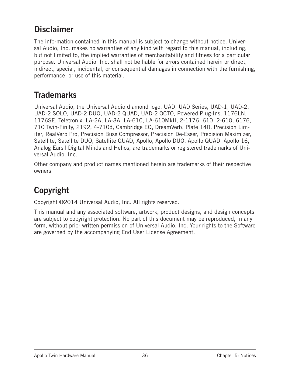 Disclaimer, Trademarks, Copyright | Disclaimer trademarks copyright | Universal Audio Apollo Twin User Manual | Page 36 / 46