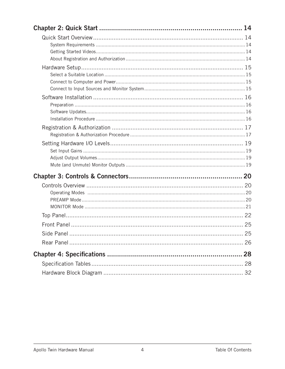 Chapter 2: quick start, Chapter 3: controls & connectors, Chapter 4: specifications | Universal Audio Apollo Twin User Manual | Page 4 / 46