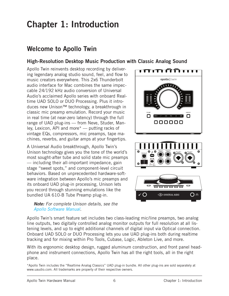 Chapter 1: introduction, Welcome to apollo twin | Universal Audio Apollo Twin User Manual | Page 6 / 46