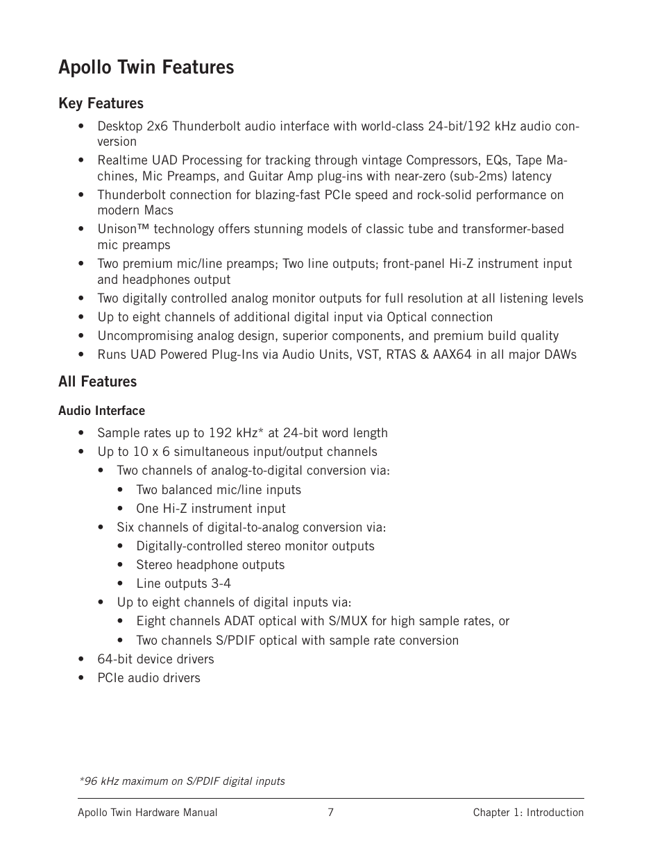 Apollo twin features, Key features, All features | Key features all features | Universal Audio Apollo Twin User Manual | Page 7 / 46