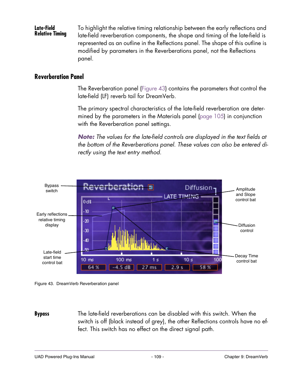 Late-field relative timing, Reverberation panel, Bypass | Finally, the positioning, The reverberation panel (see | Universal Audio UAD Plug-Ins ver.7.5 User Manual | Page 109 / 512