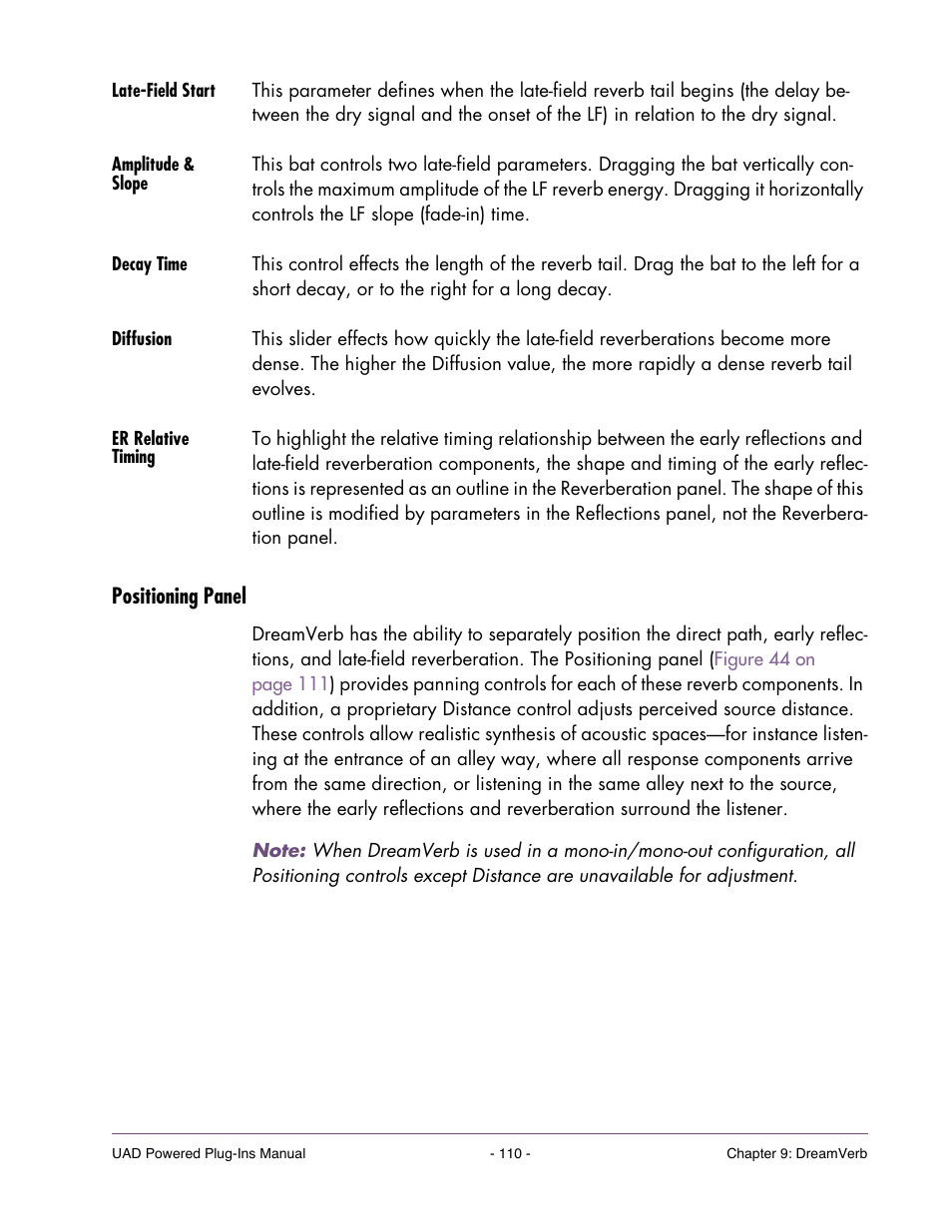 Late-field start, Amplitude & slope, Decay time | Diffusion, Er relative timing, Positioning panel | Universal Audio UAD Plug-Ins ver.7.5 User Manual | Page 110 / 512