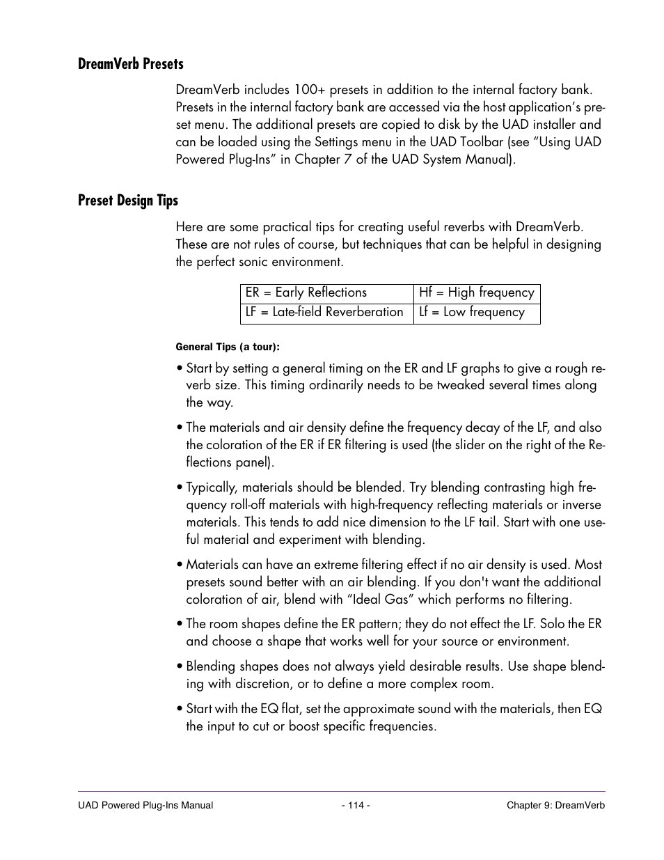 Dreamverb presets, Preset design tips | Universal Audio UAD Plug-Ins ver.7.5 User Manual | Page 114 / 512
