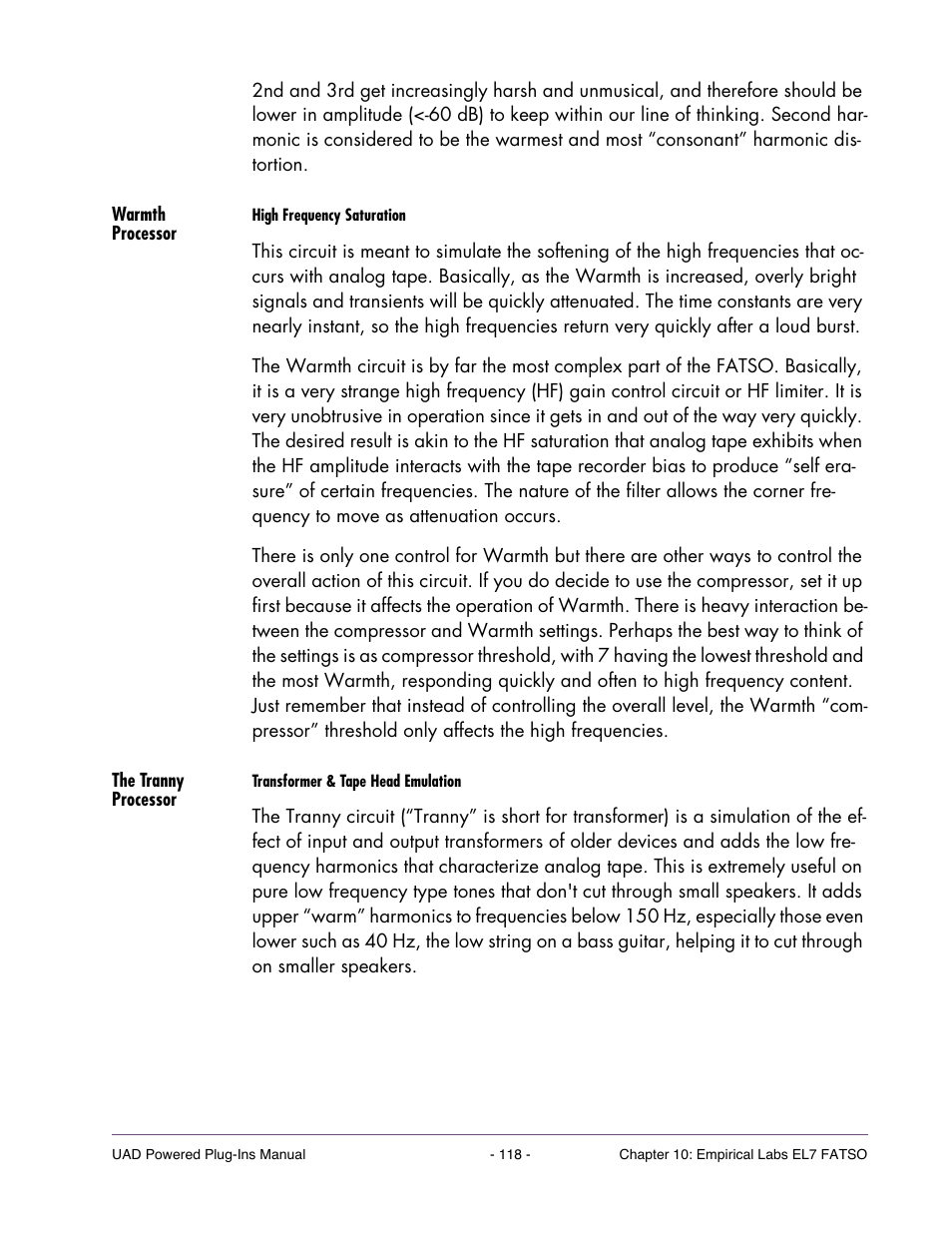 Warmth processor, The tranny processor | Universal Audio UAD Plug-Ins ver.7.5 User Manual | Page 118 / 512