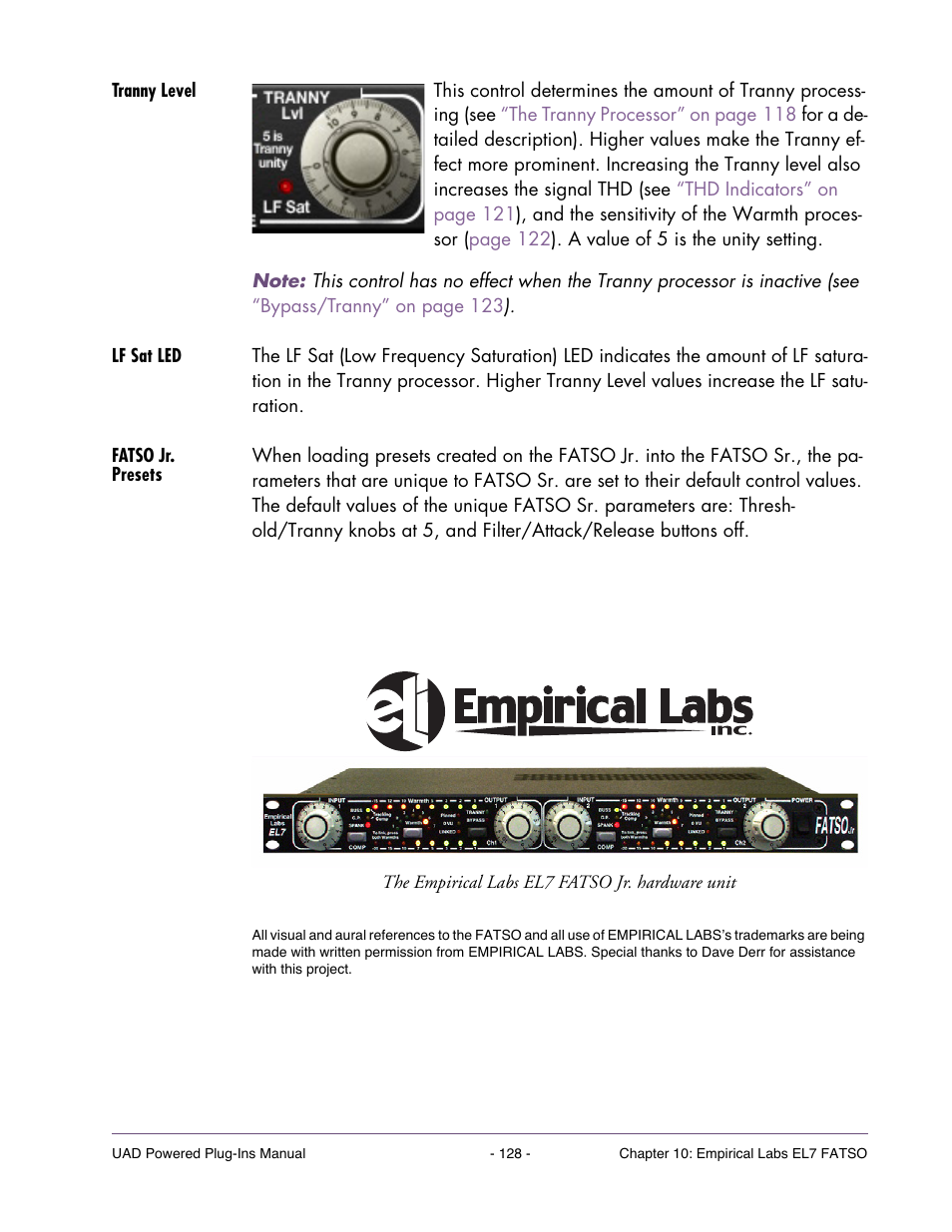 Tranny level, Lf sat led, Fatso jr. presets | Control | Universal Audio UAD Plug-Ins ver.7.5 User Manual | Page 128 / 512