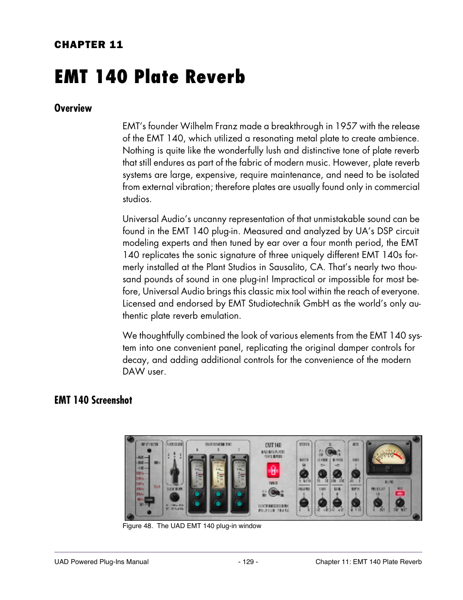 Emt 140 plate reverb, Overview, Emt 140 screenshot | Chapter 11. emt 140 plate reverb | Universal Audio UAD Plug-Ins ver.7.5 User Manual | Page 129 / 512