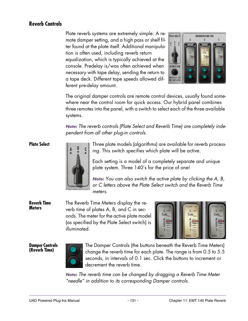 Reverb controls, Plate select, Reverb time meters | Damper controls (reverb time) | Universal Audio UAD Plug-Ins ver.7.5 User Manual | Page 131 / 512