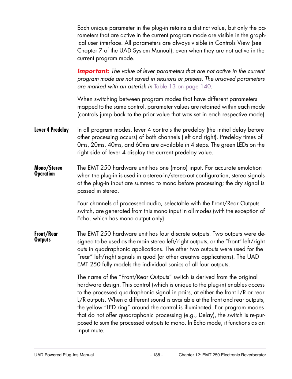 Lever 4 predelay, Mono/stereo operation, Front/rear outputs | Universal Audio UAD Plug-Ins ver.7.5 User Manual | Page 138 / 512