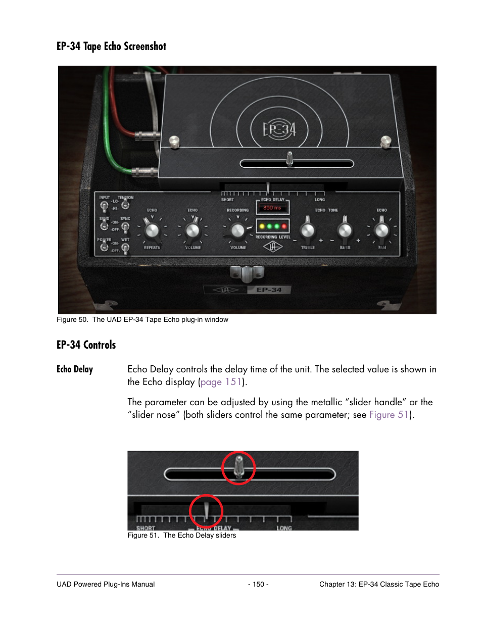Ep-34 tape echo screenshot, Ep-34 controls, Echo delay | Ep-34 tape echo screenshot ep-34 controls | Universal Audio UAD Plug-Ins ver.7.5 User Manual | Page 150 / 512