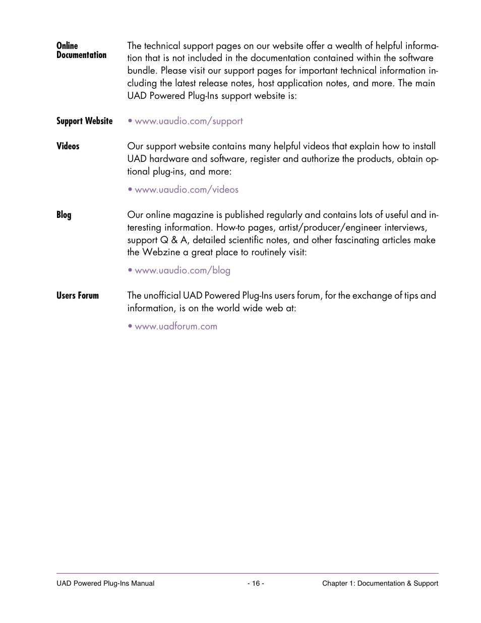 Online documentation, Support website, Videos | Blog, Users forum | Universal Audio UAD Plug-Ins ver.7.5 User Manual | Page 16 / 512