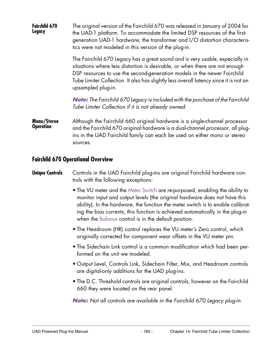Fairchild 670 legacy, Mono/stereo operation, Fairchild 670 operational overview | Unique controls | Universal Audio UAD Plug-Ins ver.7.5 User Manual | Page 160 / 512