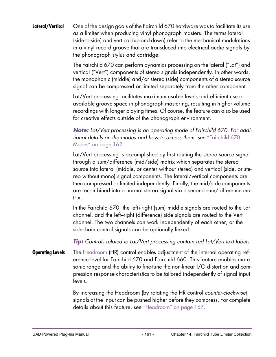 Lateral/vertical, Operating levels | Universal Audio UAD Plug-Ins ver.7.5 User Manual | Page 161 / 512