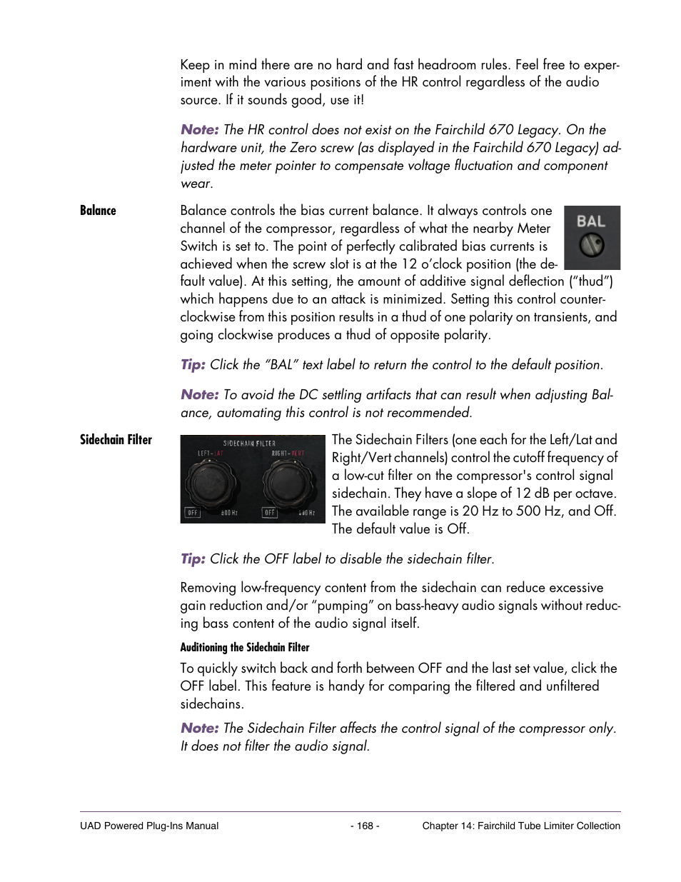 Balance, Sidechain filter | Universal Audio UAD Plug-Ins ver.7.5 User Manual | Page 168 / 512