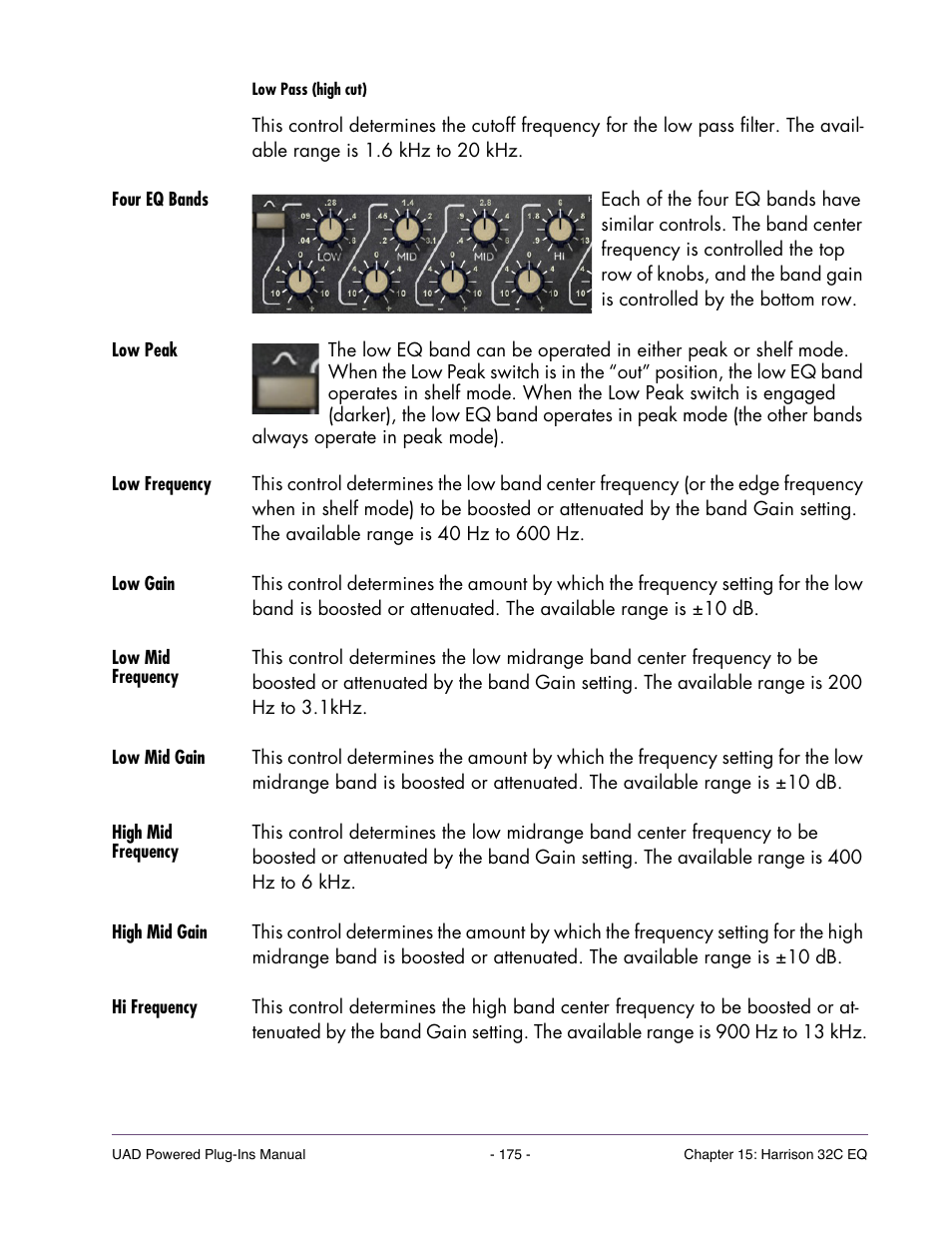 Four eq bands, Low peak, Low frequency | Low gain, Low mid frequency, Low mid gain, High mid frequency, High mid gain, Hi frequency | Universal Audio UAD Plug-Ins ver.7.5 User Manual | Page 175 / 512