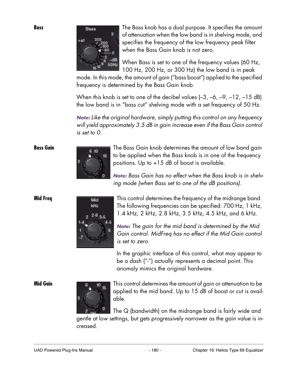 Bass, Bass gain, Mid freq | Mid gain | Universal Audio UAD Plug-Ins ver.7.5 User Manual | Page 180 / 512