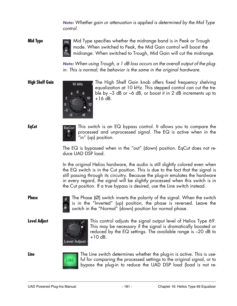 Mid type, High shelf gain, Eqcut | Phase, Level adjust, Line | Universal Audio UAD Plug-Ins ver.7.5 User Manual | Page 181 / 512