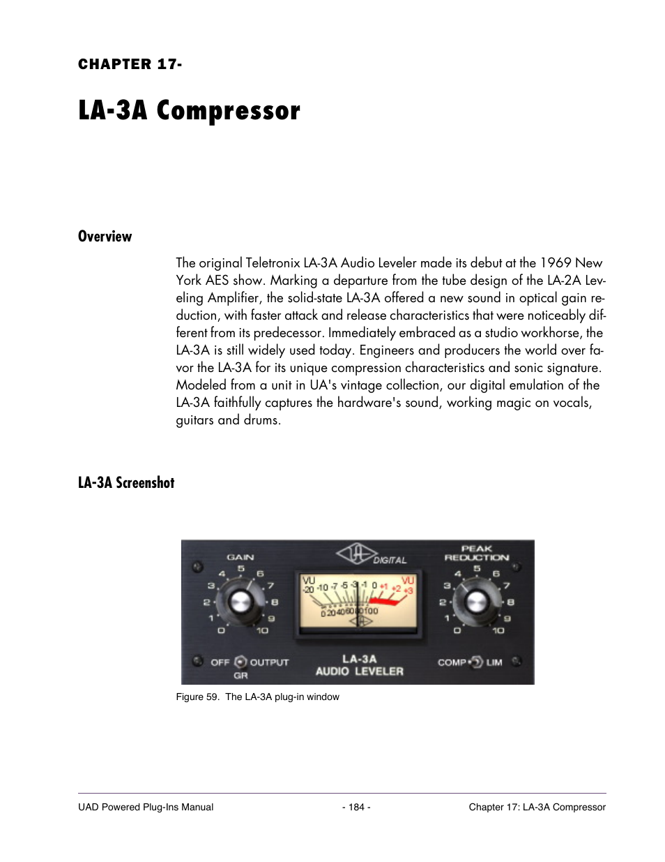 La-3a compressor, Overview, La-3a screenshot | Chapter 17. la-3a compressor | Universal Audio UAD Plug-Ins ver.7.5 User Manual | Page 184 / 512