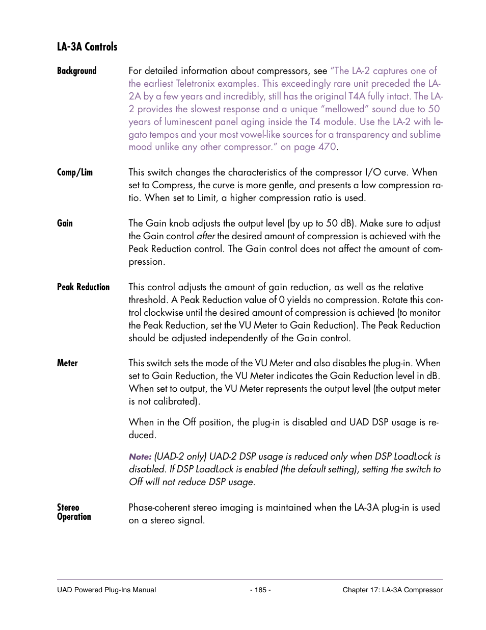 La-3a controls, Background, Comp/lim | Gain, Peak reduction, Meter, Stereo operation | Universal Audio UAD Plug-Ins ver.7.5 User Manual | Page 185 / 512