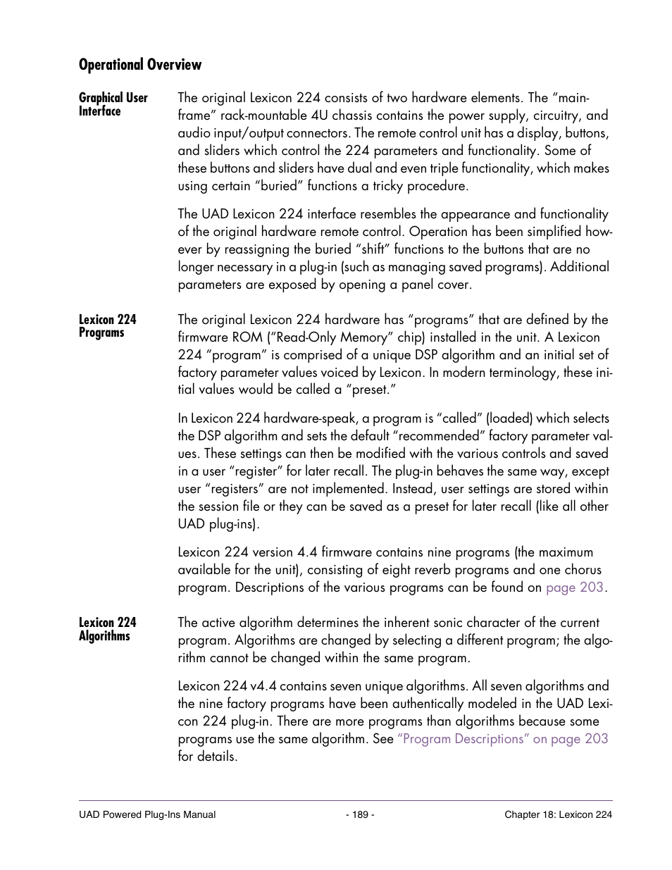 Operational overview, Graphical user interface, Lexicon 224 programs | Lexicon 224 algorithms | Universal Audio UAD Plug-Ins ver.7.5 User Manual | Page 189 / 512