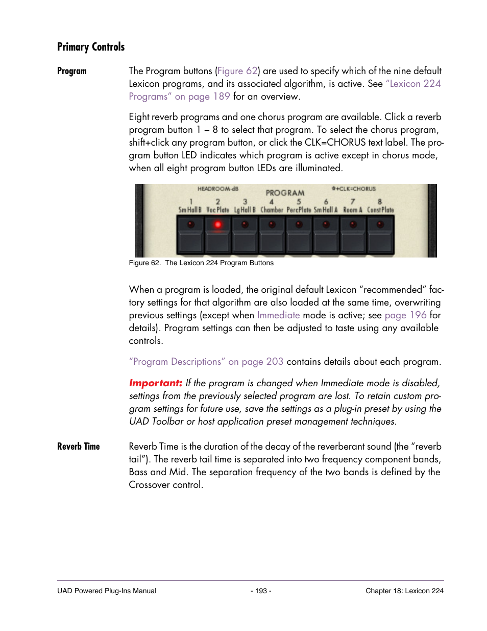 Primary controls, Program, Reverb time | For detailed descriptions of all parameters, see, Primary controls” on | Universal Audio UAD Plug-Ins ver.7.5 User Manual | Page 193 / 512