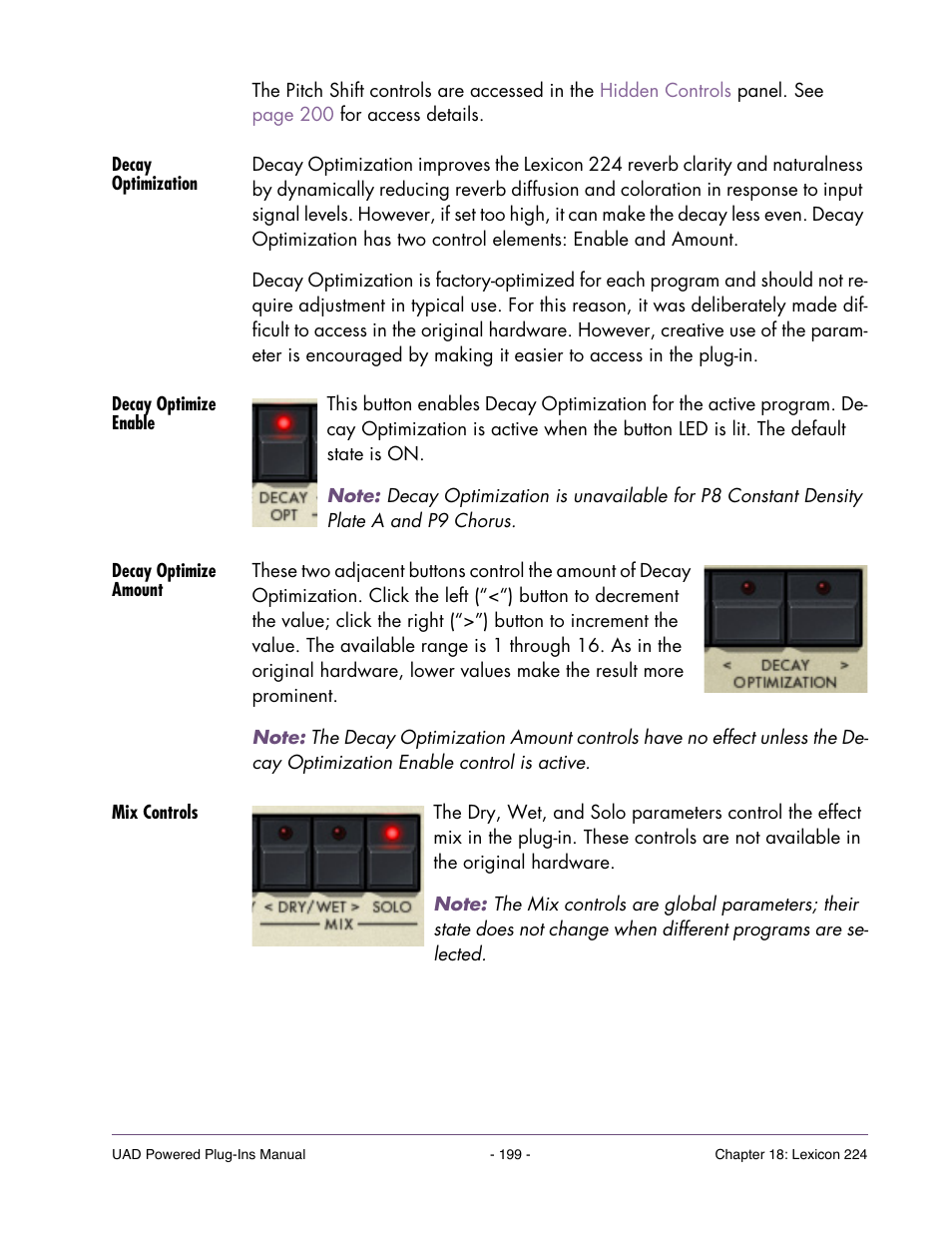 Decay optimization, Decay optimize enable, Decay optimize amount | Mix controls | Universal Audio UAD Plug-Ins ver.7.5 User Manual | Page 199 / 512