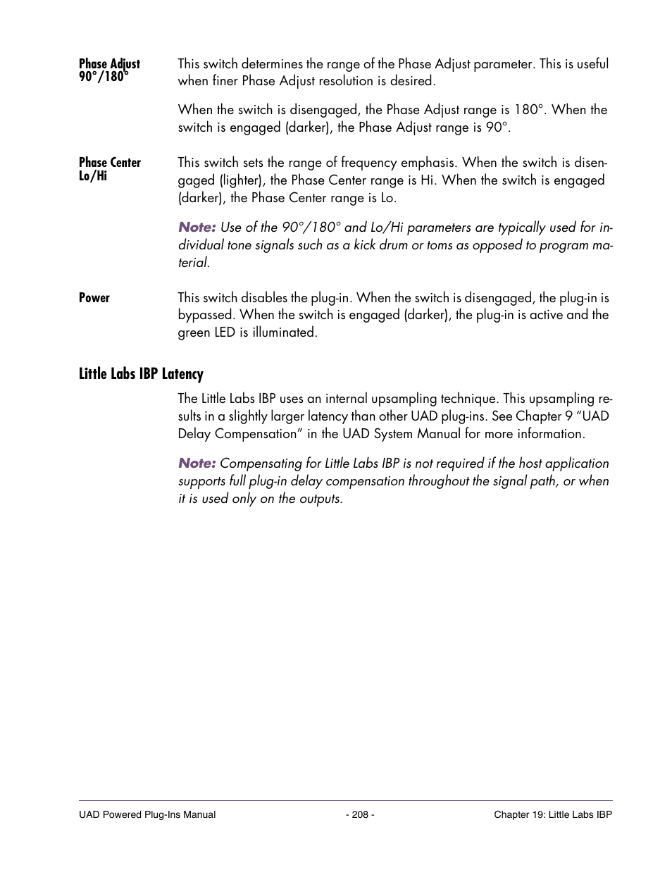 Phase adjust 90°/180, Phase center lo/hi, Power | Little labs ibp latency | Universal Audio UAD Plug-Ins ver.7.5 User Manual | Page 208 / 512