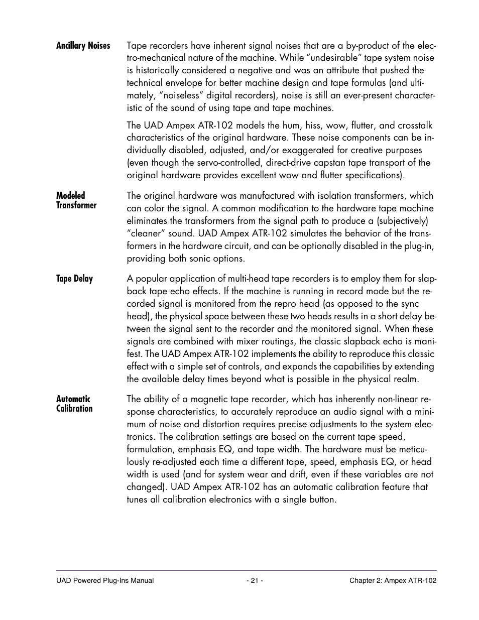 Ancillary noises, Modeled transformer, Tape delay | Automatic calibration | Universal Audio UAD Plug-Ins ver.7.5 User Manual | Page 21 / 512