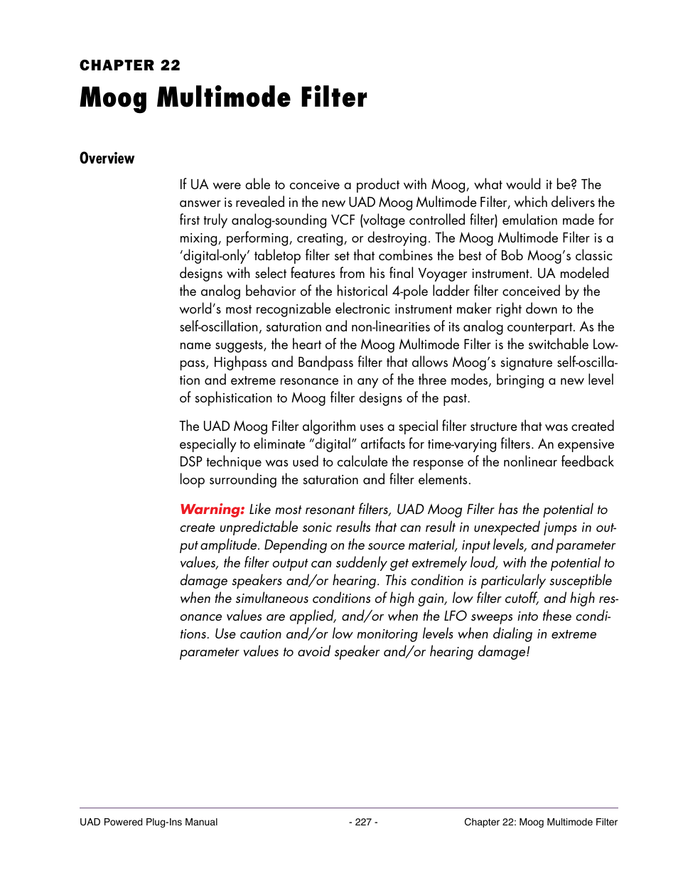 Moog multimode filter, Overview, Chapter 22. moog multimode filter | Universal Audio UAD Plug-Ins ver.7.5 User Manual | Page 227 / 512