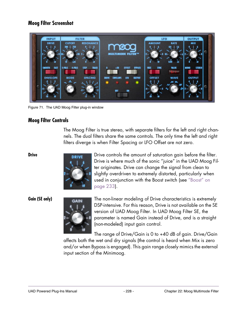 Moog filter screenshot, Moog filter controls, Drive | Gain (se only), Moog filter screenshot moog filter controls | Universal Audio UAD Plug-Ins ver.7.5 User Manual | Page 228 / 512