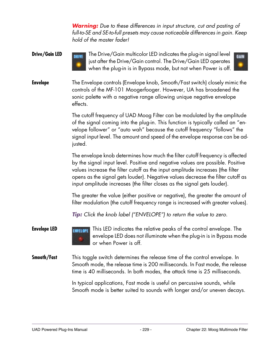 Drive/gain led, Envelope, Envelope led | Smooth/fast | Universal Audio UAD Plug-Ins ver.7.5 User Manual | Page 229 / 512