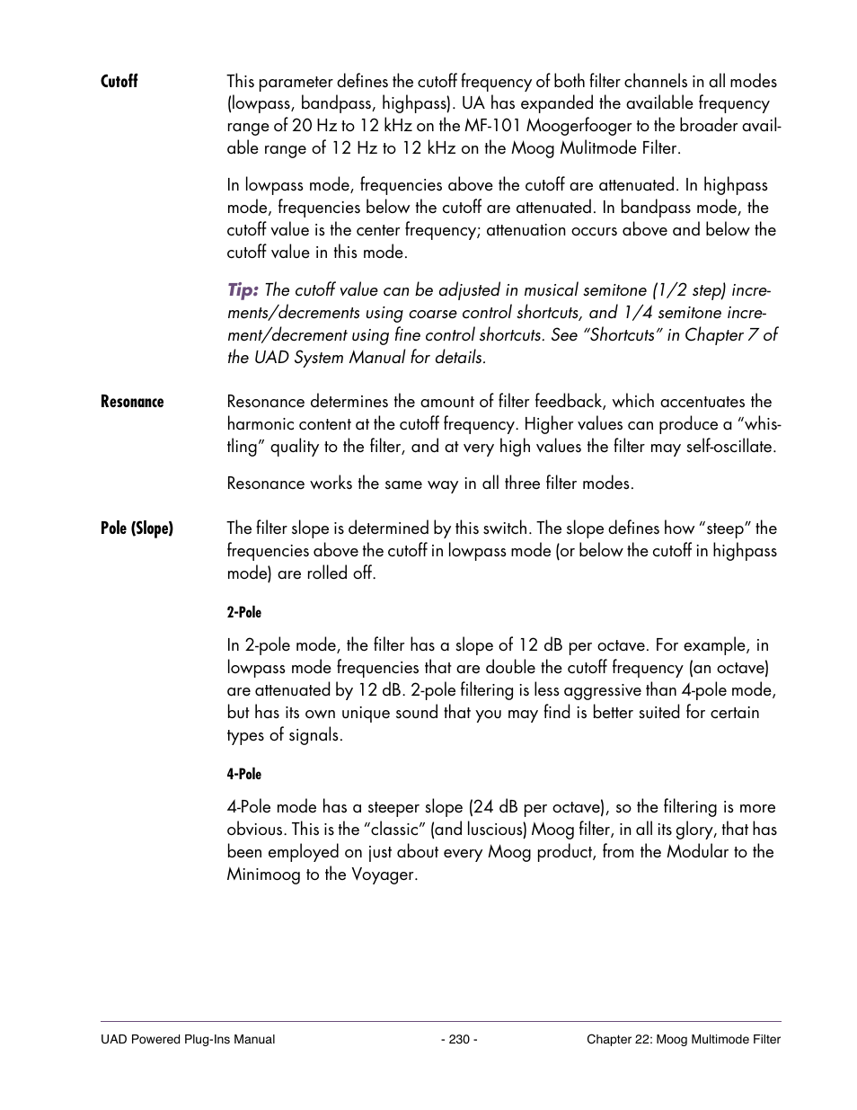 Cutoff, Resonance, Pole (slope) | Universal Audio UAD Plug-Ins ver.7.5 User Manual | Page 230 / 512
