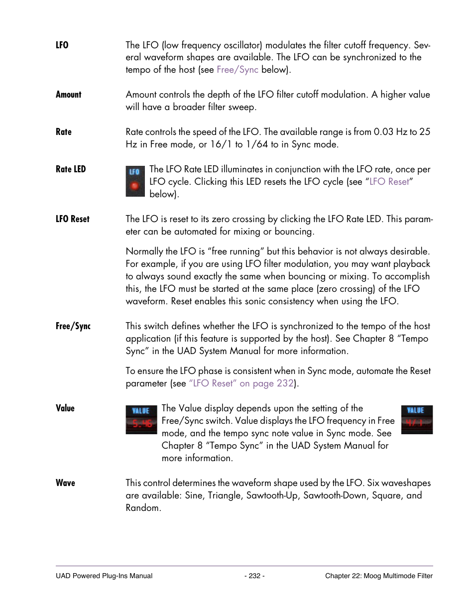 Amount, Rate, Rate led | Lfo reset, Free/sync, Value, Wave | Universal Audio UAD Plug-Ins ver.7.5 User Manual | Page 232 / 512