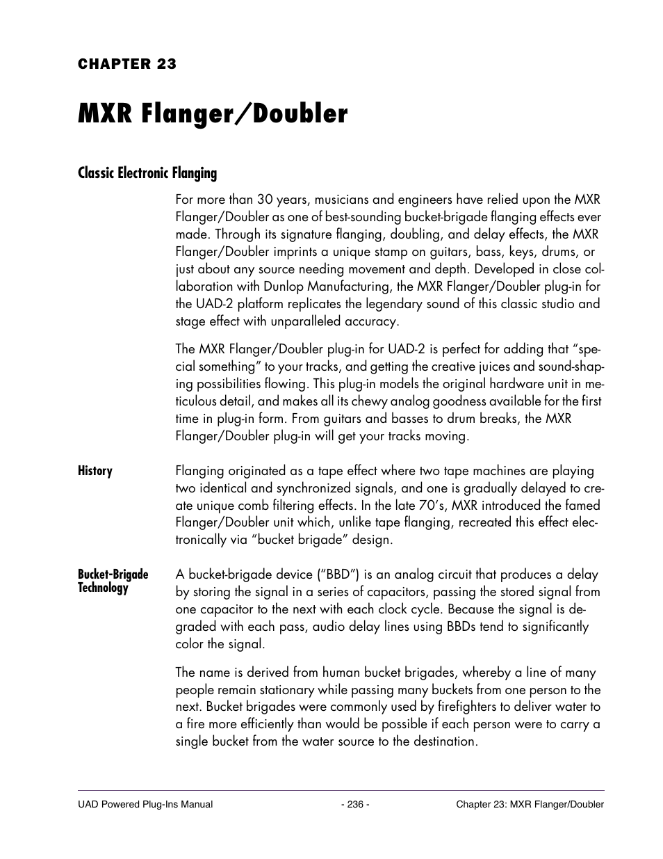 Mxr flanger/doubler, Classic electronic flanging, History | Bucket-brigade technology, Chapter 23. mxr flanger/doubler | Universal Audio UAD Plug-Ins ver.7.5 User Manual | Page 236 / 512
