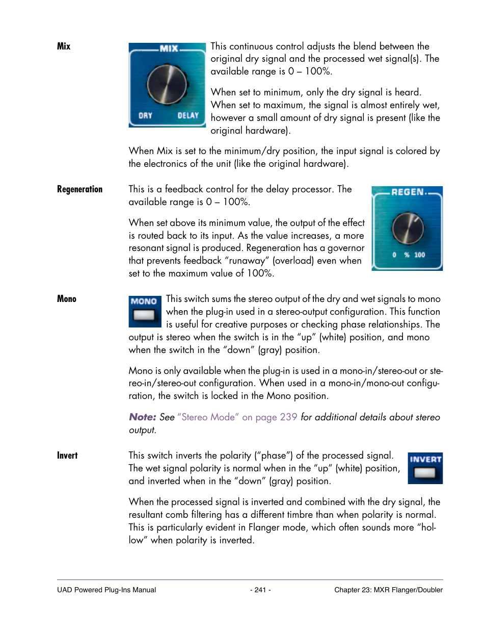 Regeneration, Mono, Invert | Universal Audio UAD Plug-Ins ver.7.5 User Manual | Page 241 / 512