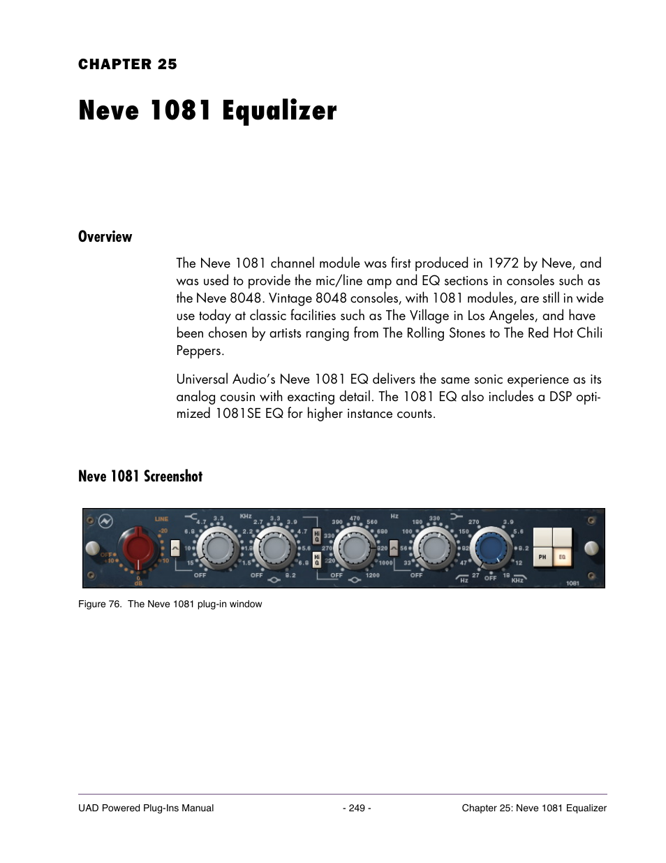 Neve 1081 equalizer, Overview, Neve 1081 screenshot | Chapter 25. neve 1081 equalizer | Universal Audio UAD Plug-Ins ver.7.5 User Manual | Page 249 / 512