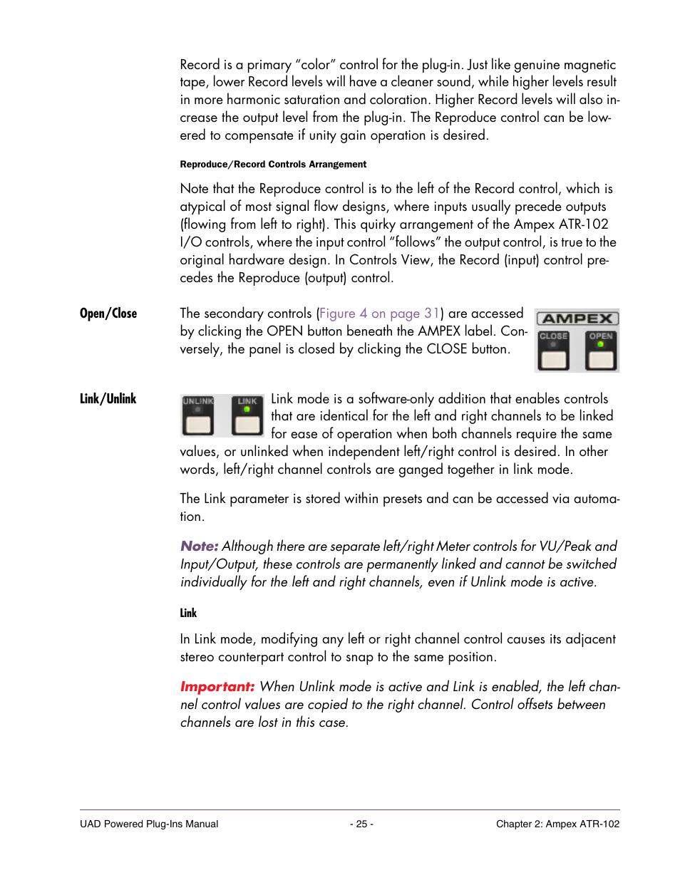 Open/close, Link/unlink, Neously adjusted when link mode | Is active | Universal Audio UAD Plug-Ins ver.7.5 User Manual | Page 25 / 512