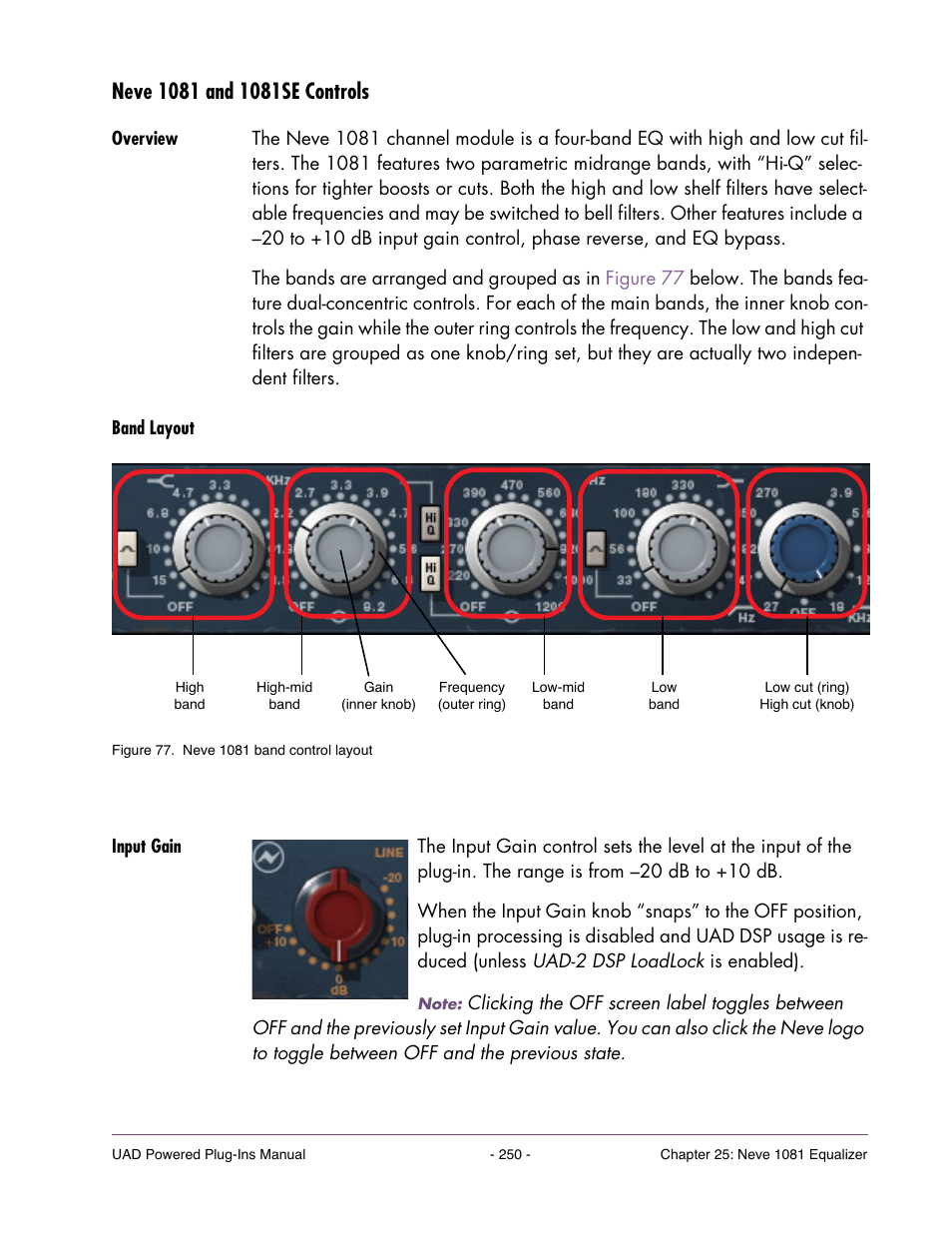 Neve 1081 and 1081se controls, Overview, Band layout | Input gain | Universal Audio UAD Plug-Ins ver.7.5 User Manual | Page 250 / 512