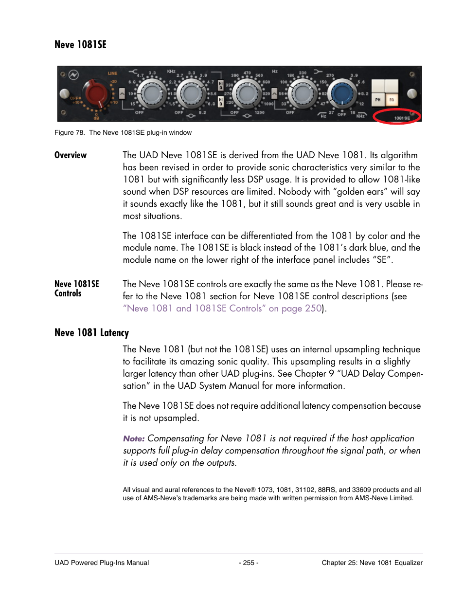 Neve 1081se, Overview, Neve 1081se controls | Neve 1081 latency | Universal Audio UAD Plug-Ins ver.7.5 User Manual | Page 255 / 512