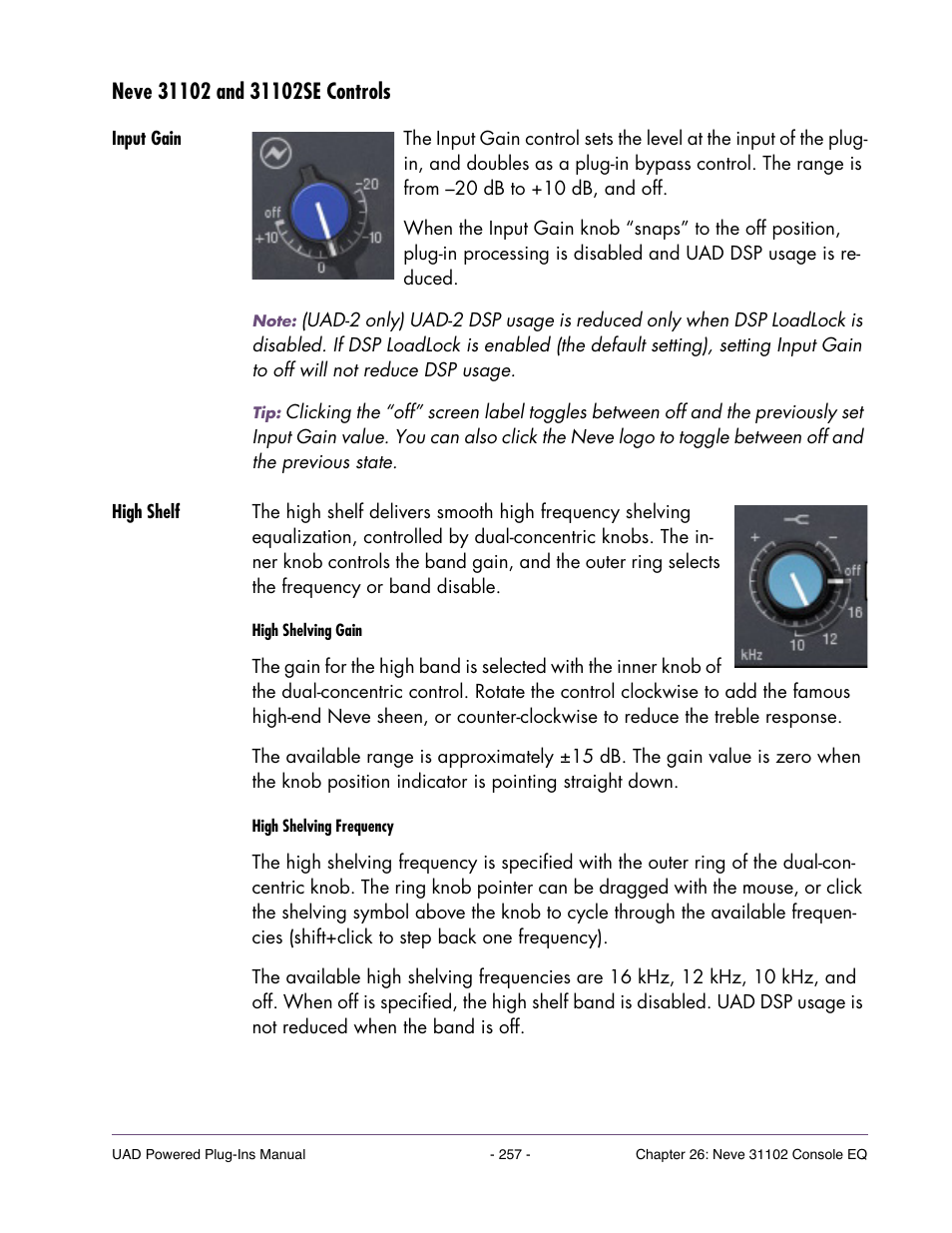 Neve 31102 and 31102se controls, Input gain, High shelf | Universal Audio UAD Plug-Ins ver.7.5 User Manual | Page 257 / 512