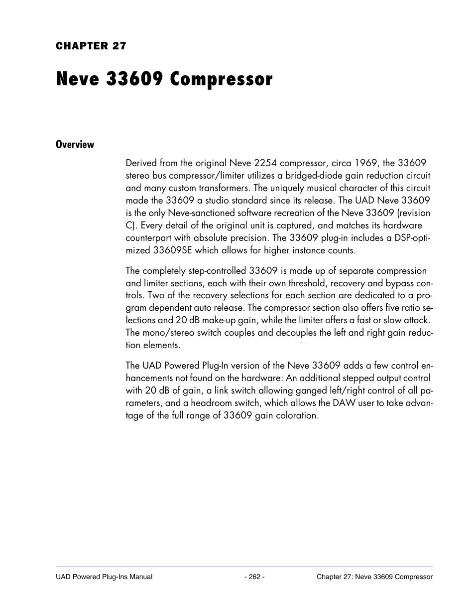 Neve 33609 compressor, Overview, Chapter 27. neve 33609 compressor | Universal Audio UAD Plug-Ins ver.7.5 User Manual | Page 262 / 512