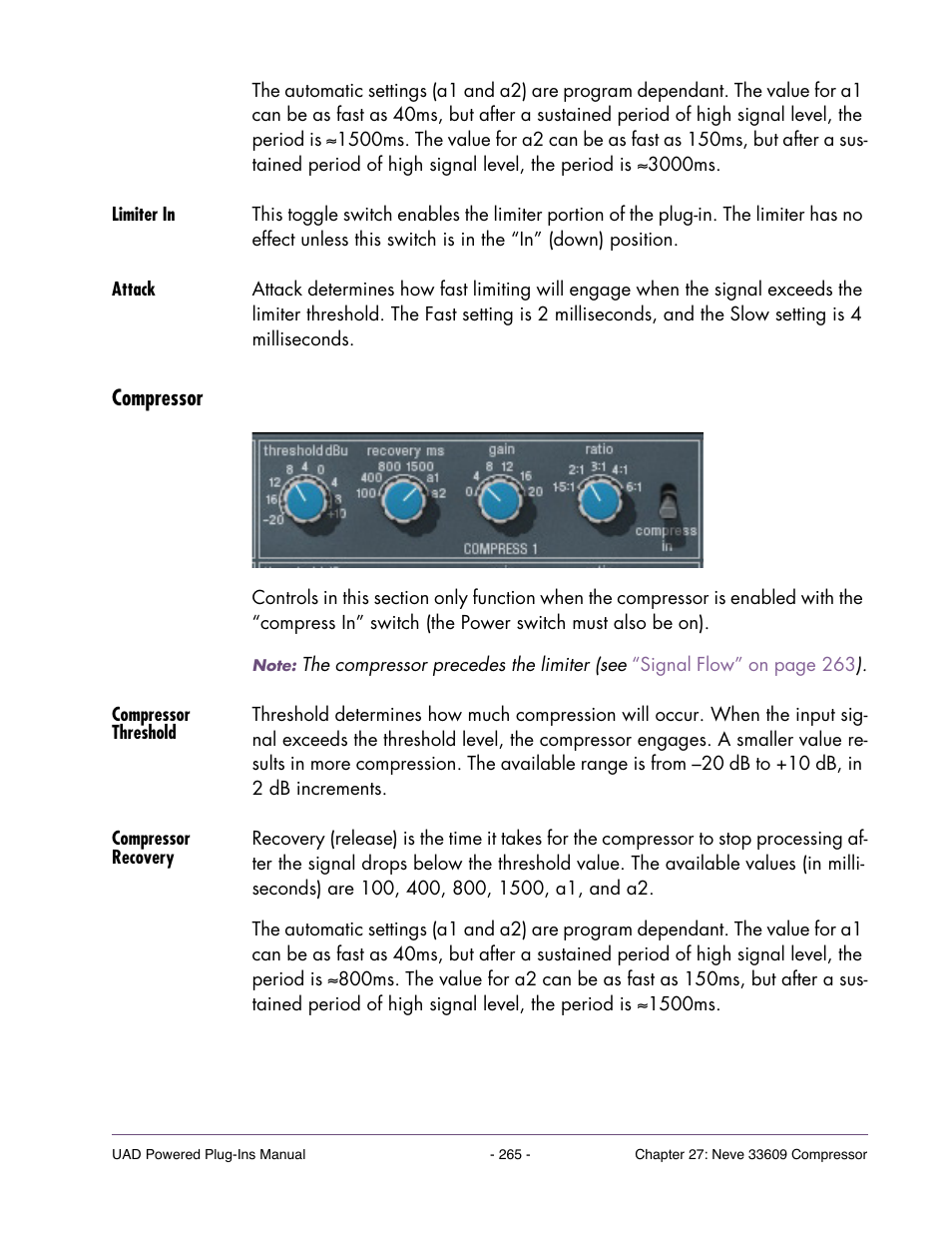 Limiter in, Attack, Compressor | Compressor threshold, Compressor recovery | Universal Audio UAD Plug-Ins ver.7.5 User Manual | Page 265 / 512