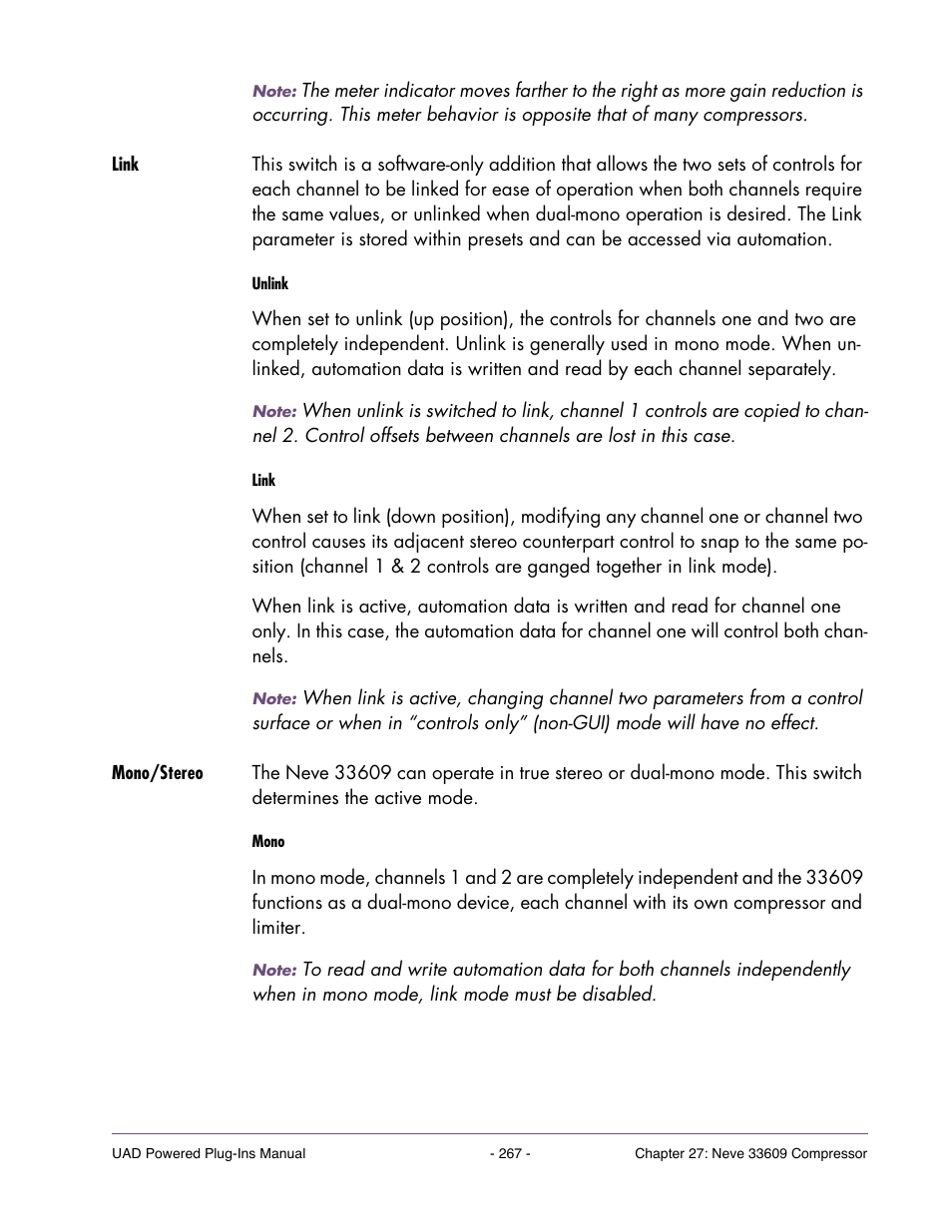 Link, Mono/stereo, Switch (see | When the 33609 is used in a | Universal Audio UAD Plug-Ins ver.7.5 User Manual | Page 267 / 512