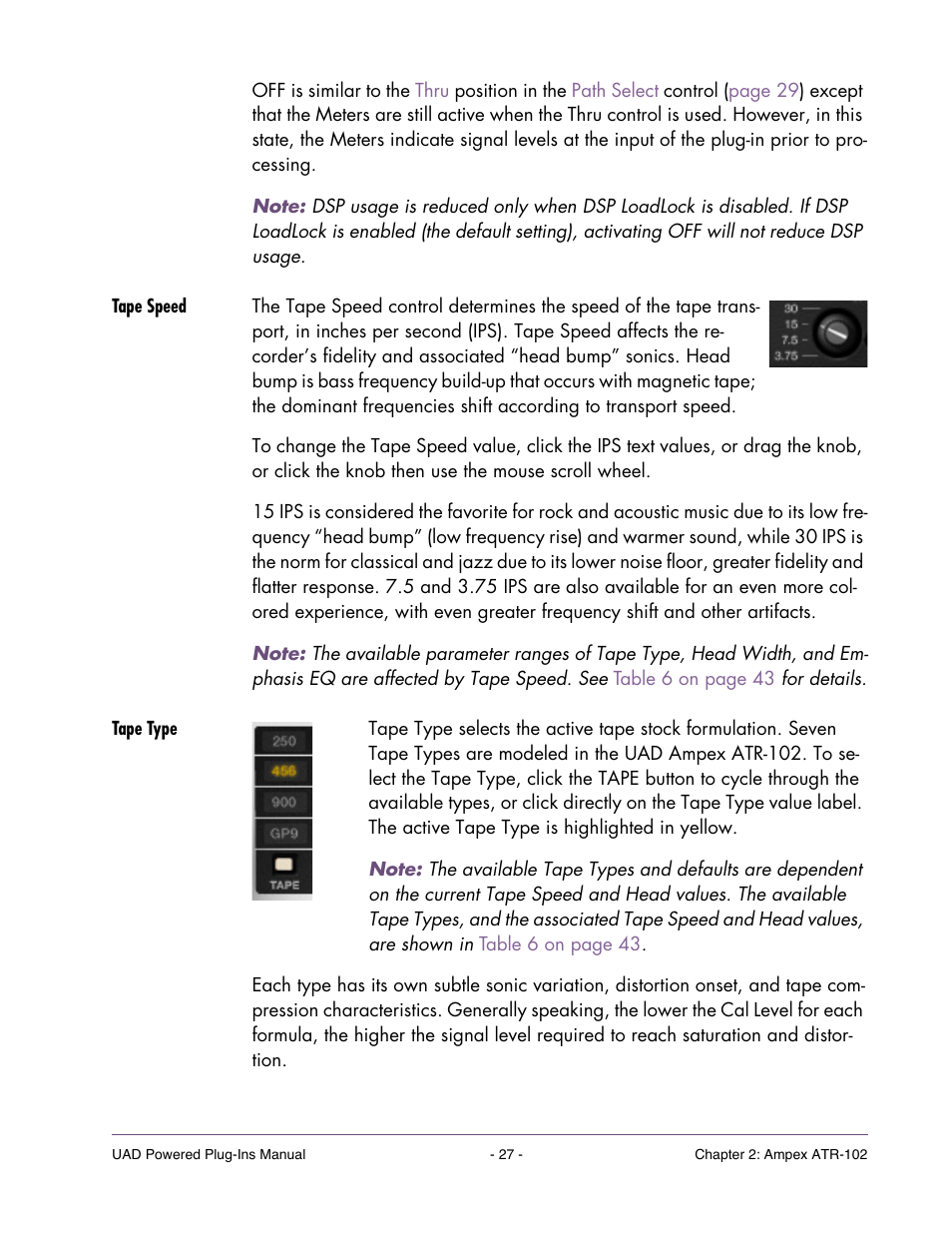 Tape speed, Tape type, Set up the plug-in by first adjusting | Universal Audio UAD Plug-Ins ver.7.5 User Manual | Page 27 / 512