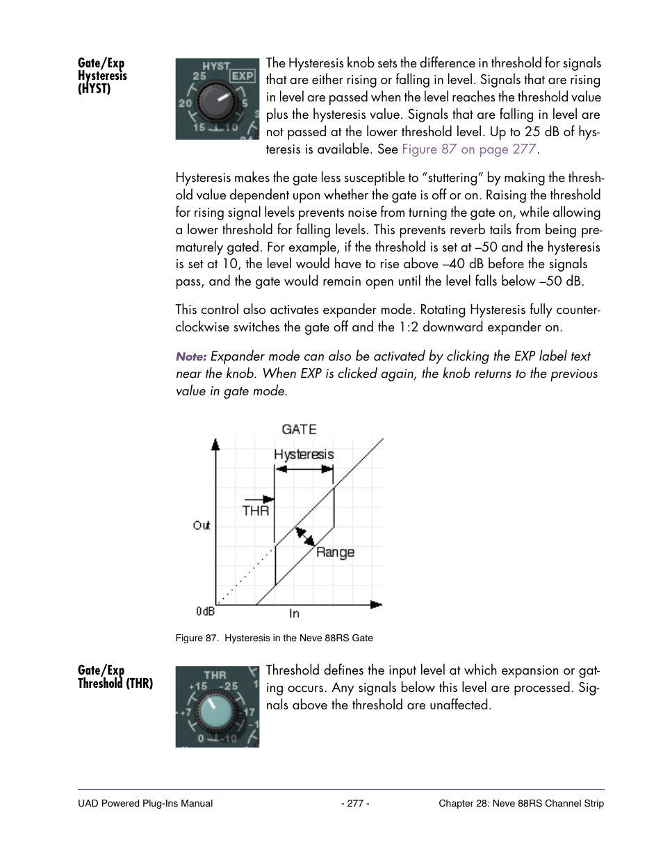 Gate/exp hysteresis (hyst), Gate/exp threshold (thr) | Universal Audio UAD Plug-Ins ver.7.5 User Manual | Page 277 / 512