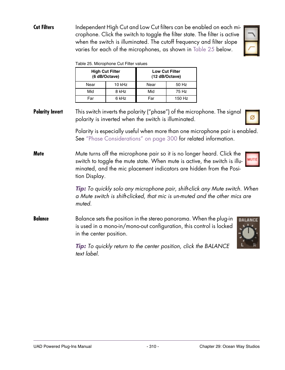 Cut filters, Polarity invert, Mute | Balance, Position) and | Universal Audio UAD Plug-Ins ver.7.5 User Manual | Page 310 / 512