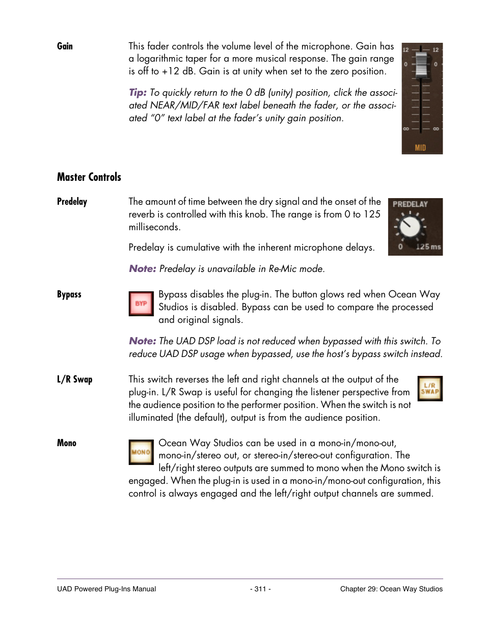 Gain, Master controls, Predelay | Bypass, L/r swap, Mono | Universal Audio UAD Plug-Ins ver.7.5 User Manual | Page 311 / 512